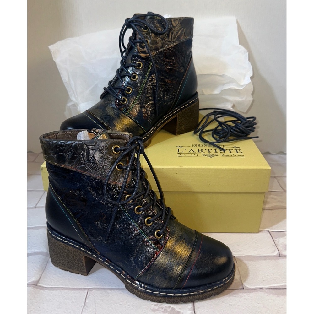 Spring Step L'Artiste Women Navy Leather Floral Metallic Ankle Boots Hand Paint